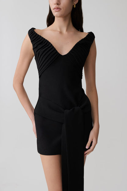 Runa Off Shoulder Mini Dress With Waist Tie - Black