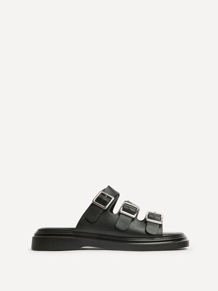 Satellite Black Faux Leather Flat Sandals