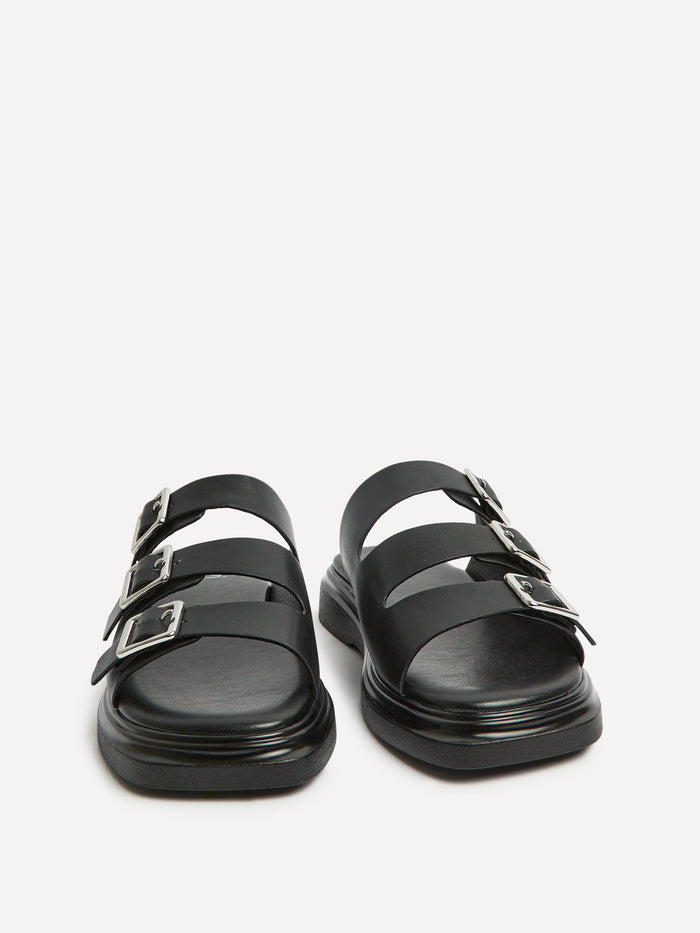 Satellite Black Faux Leather Flat Sandals