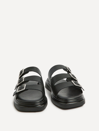 Satellite Black Faux Leather Flat Sandals