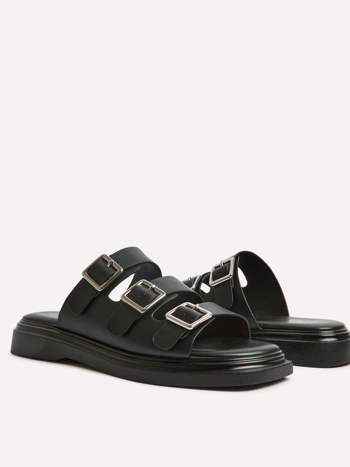 Satellite Black Faux Leather Flat Sandals