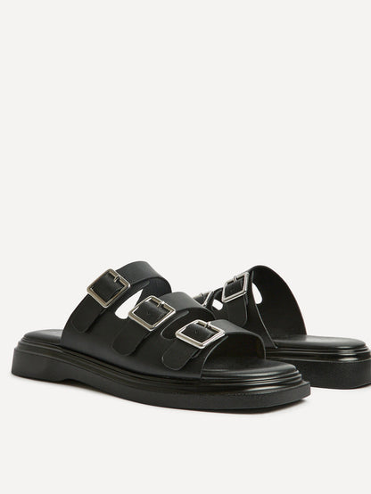 Satellite Black Faux Leather Flat Sandals