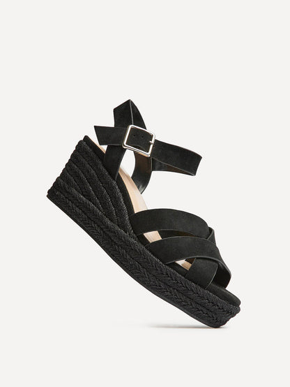 Sheena Black Crossover Espadrille Wedges