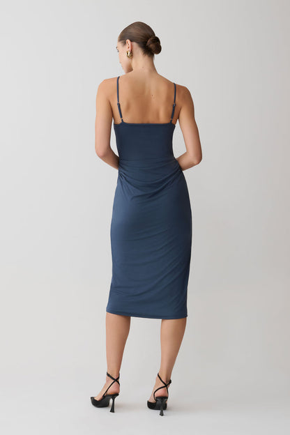 Vina Gathered Jersey Midi Dress - Ink Blue