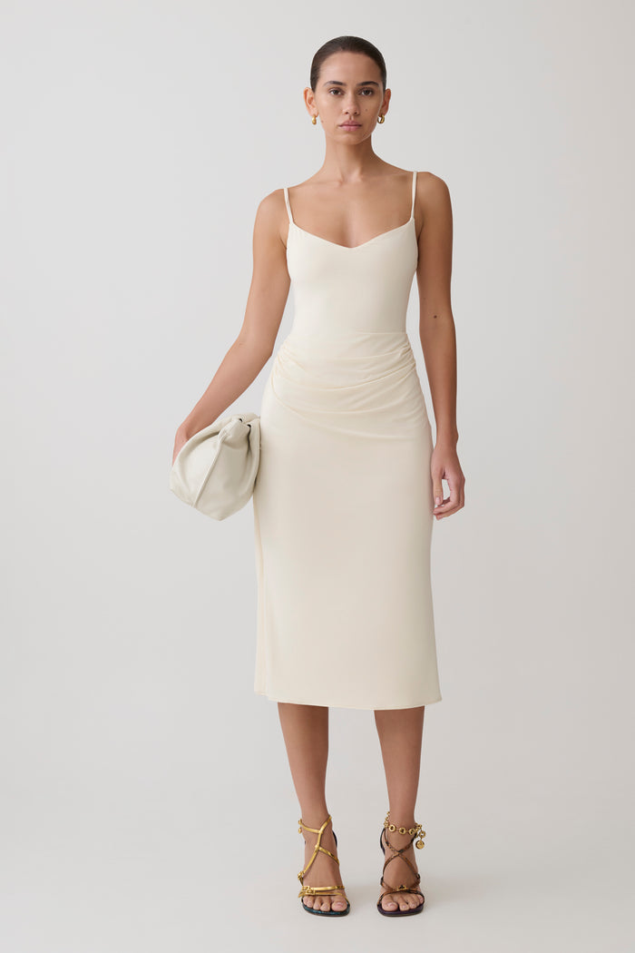 Vina Gathered Jersey Midi Dress - Ivory
