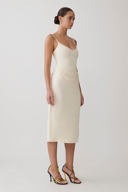 Vina Gathered Jersey Midi Dress - Ivory